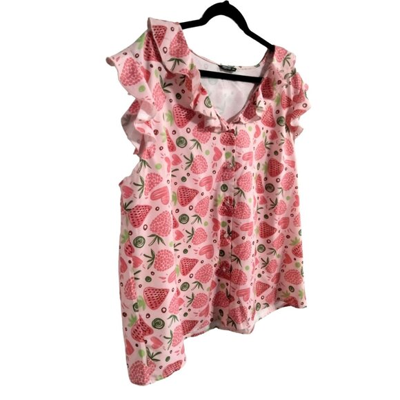Shein Curve Pink Strawberry Print Ruffled Blouse Snap Buttons Top Plus Size 4XL - Picture 3 of 7